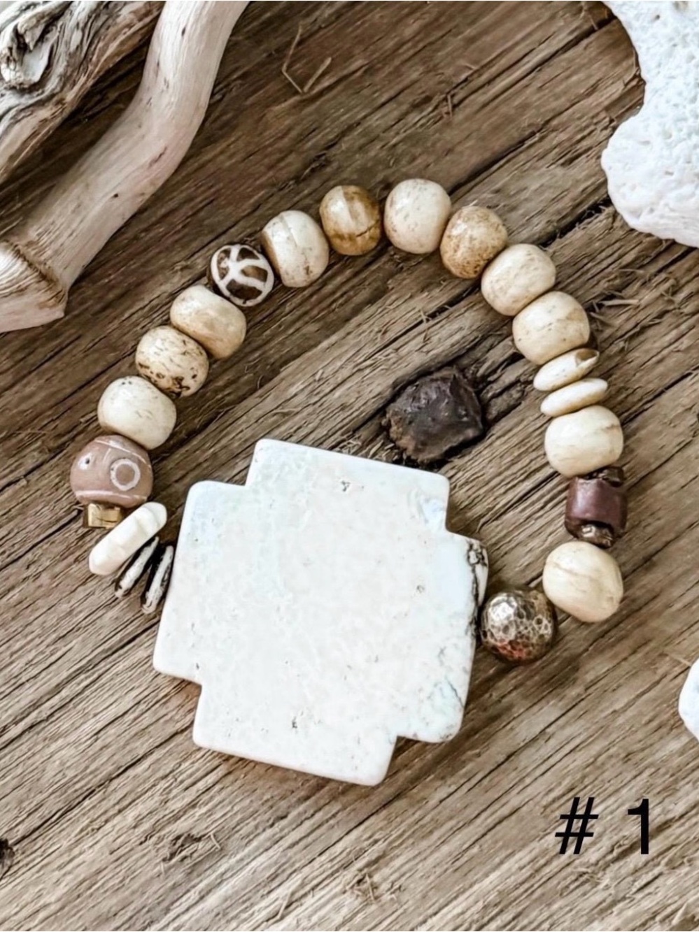 African Bine Beaded Cross Stone Beaded Stretch Bracelets